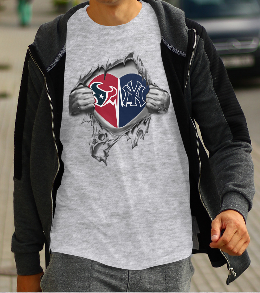 Texans Yankees Heart Symbol With Logos Ripping Through T-Shirt