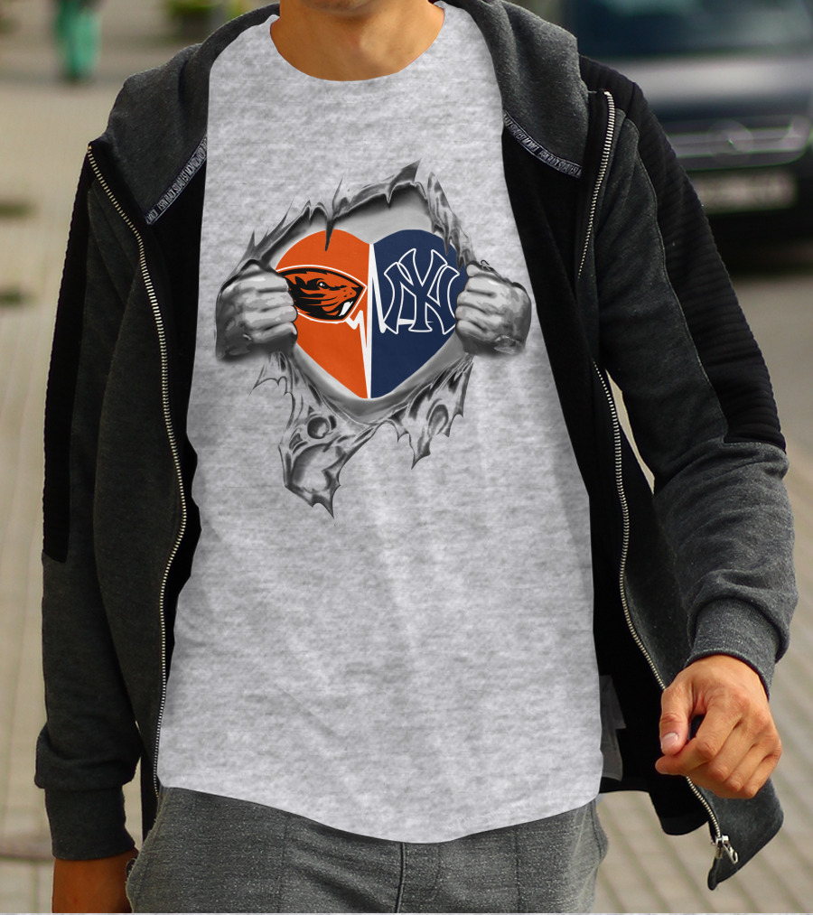 Yankees Beavers Heart Symbol With Logos In Tearing T-Shirt