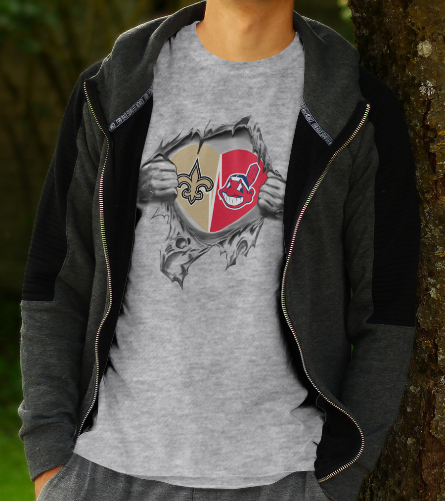 Saints Indians Heart With NFL Fleur-de-Lis And Chief T-Shirt