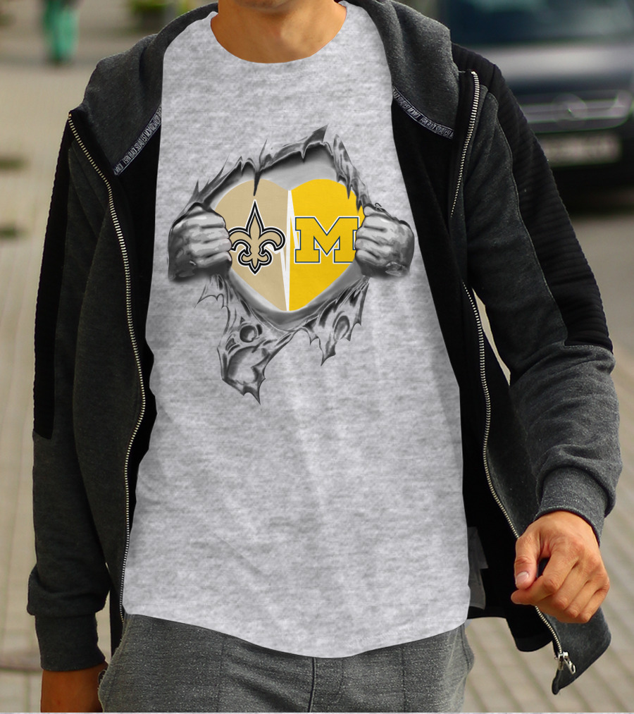 Saints And Michigan Heart Symbol With Fleur-de-lis And Block M T-Shirt