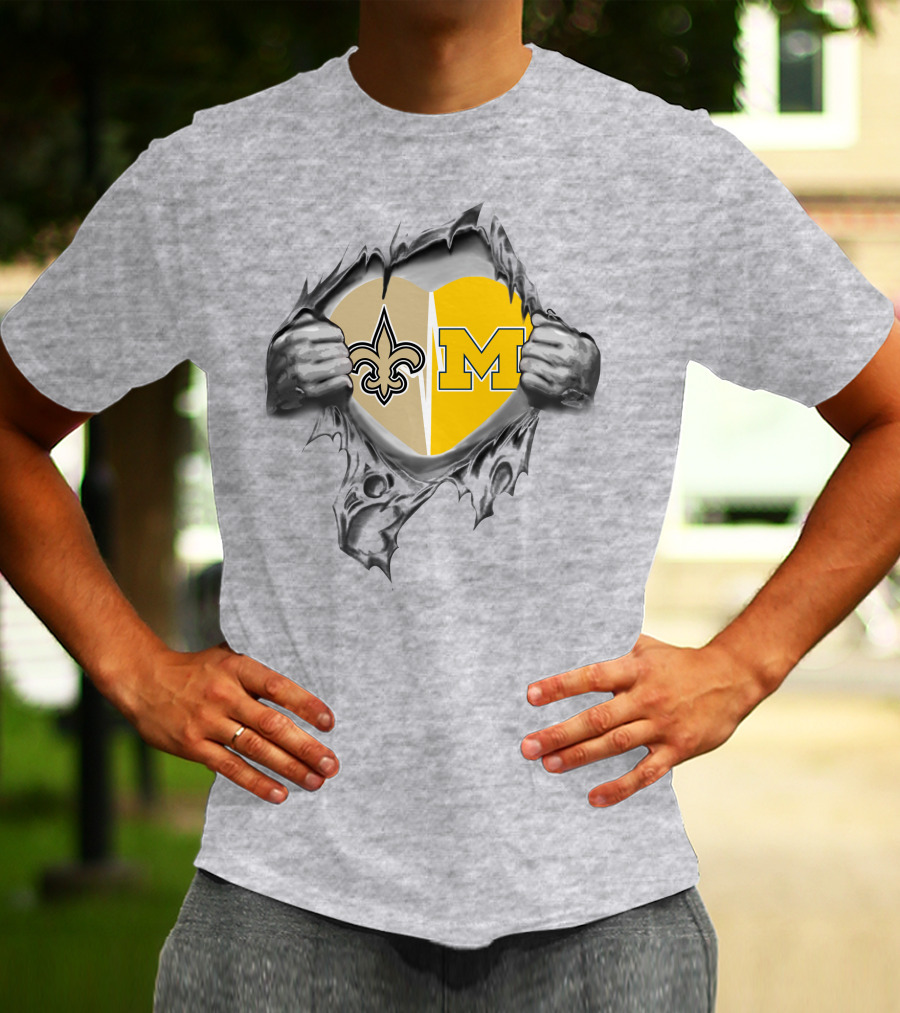 Saints And Michigan Heart Symbol With Fleur-de-lis And Block M T-Shirt