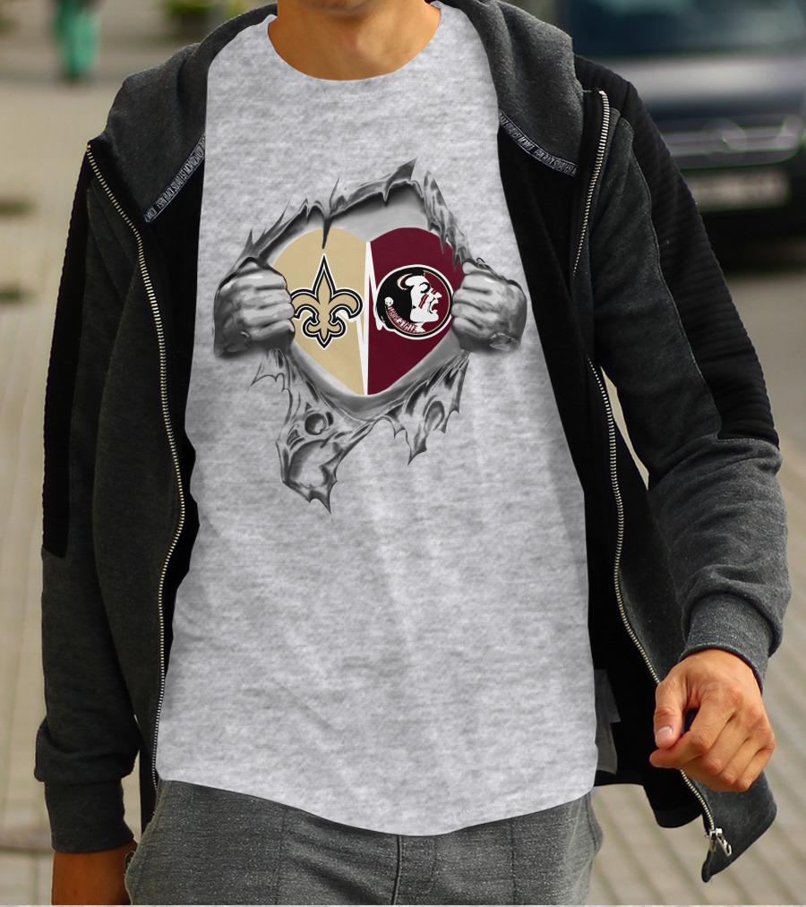 Saints Seminoles Heart Design With New Orleans And Florida State T-Shirt