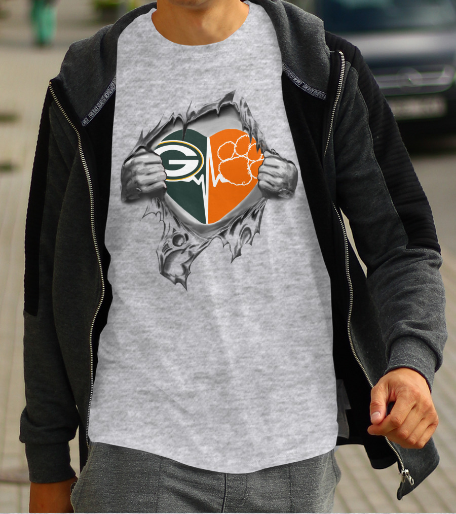 Green Bay Packers Clemson Tigers Heartbeat Logo Combination T-Shirt