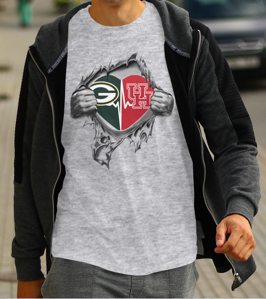 Green Bay Packers Houston Cougars Heartbeat Ripped T-Shirt