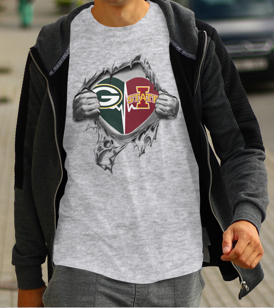Green Bay Packers Iowa State Cyclones Heart Logo Ripped T-Shirt