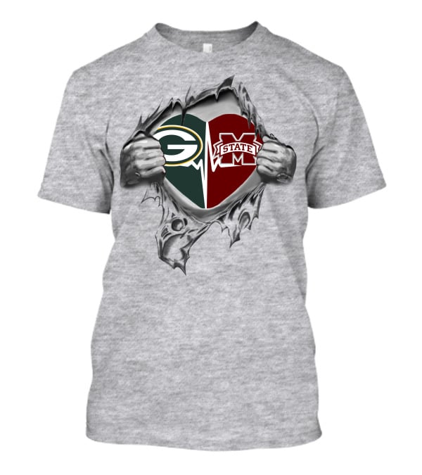 Green Bay Packers Mississippi State Heart Torn Fabric T-Shirt