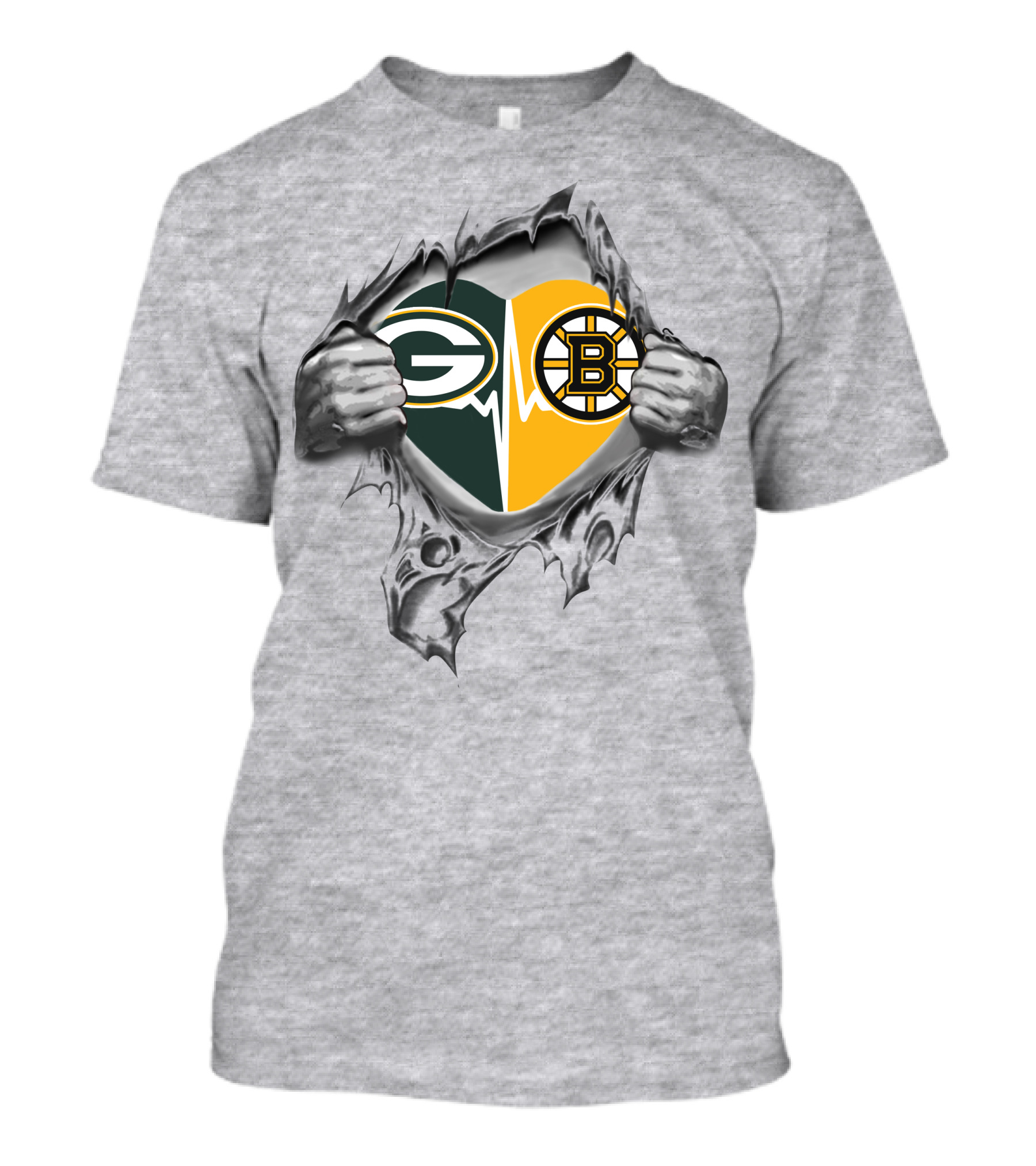 Green Bay Packers Boston Bruins Heart Logo Fusion T-Shirt