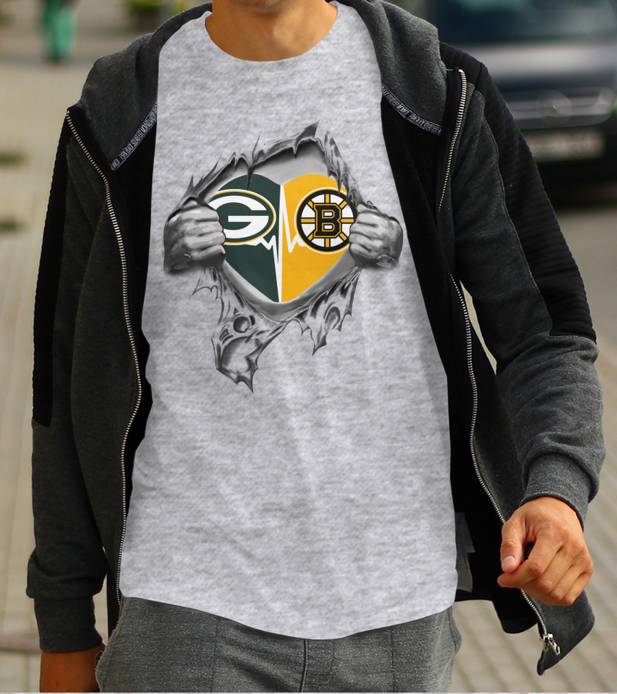 Green Bay Packers Boston Bruins Heart Logo Fusion T-Shirt