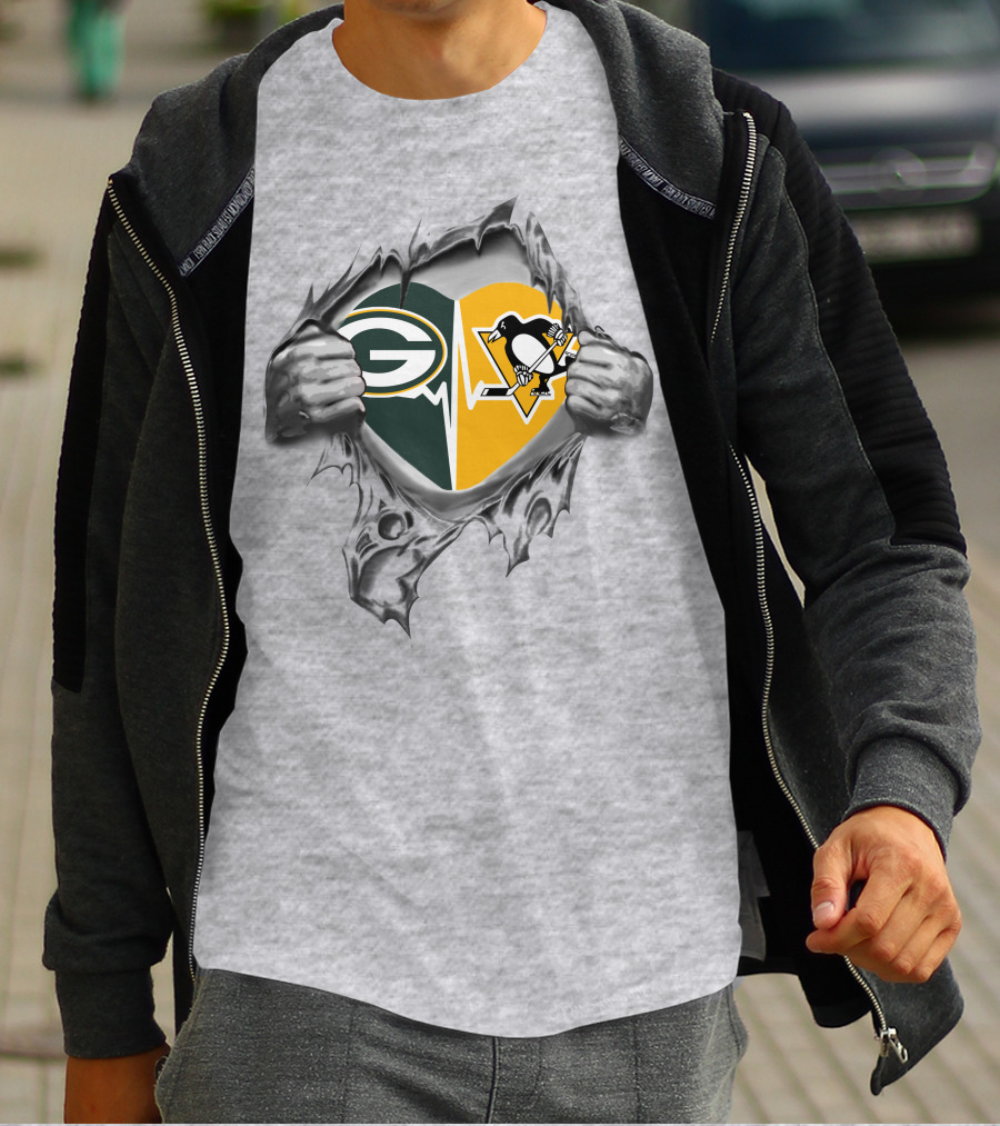 Green Bay Packers Pittsburgh Penguins Heartbeat Fusion T-Shirt