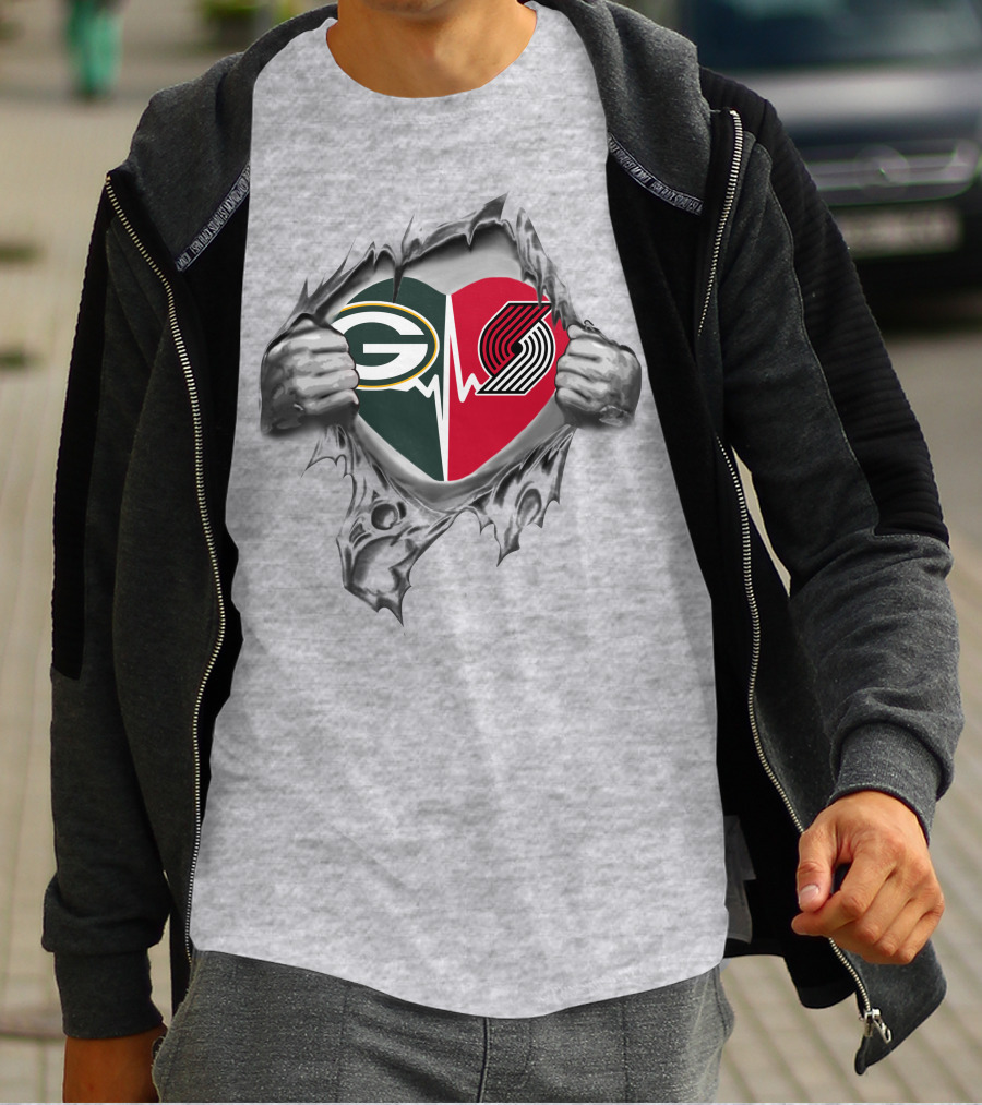 Green Bay Packers Portland Trail Blazers Heartbeat Rip Fan T-Shirt