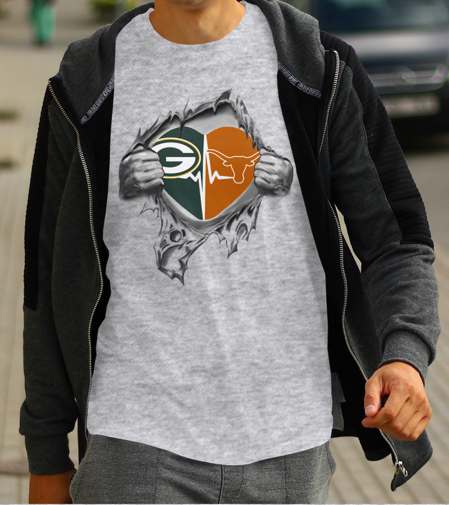Green Bay Packers Heartbeat Texas Longhorns Logo Fusion T-Shirt