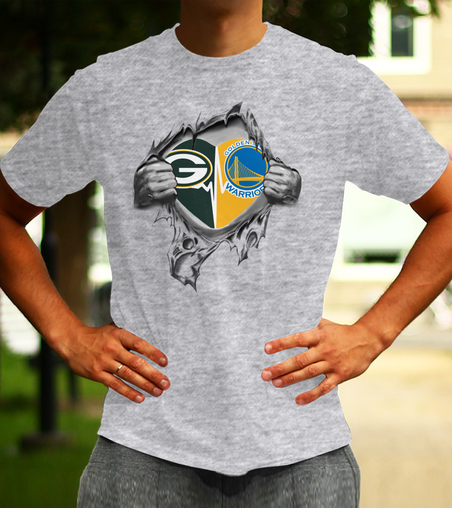 Green Bay Packers Golden State Warriors Logos In Torn T-Shirt