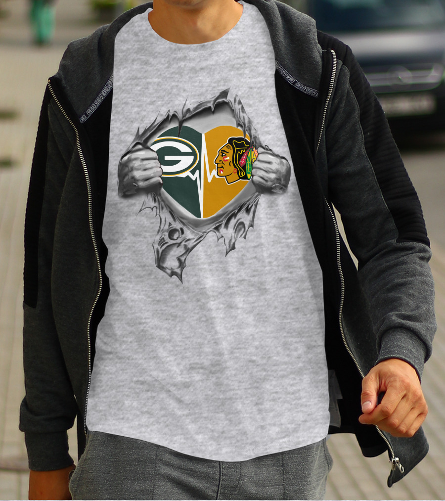 Green Bay Packers Chicago Blackhawks Heartbeat Rip T-Shirt