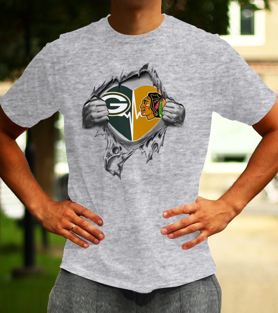 Green Bay Packers Chicago Blackhawks Heartbeat Rip T-Shirt