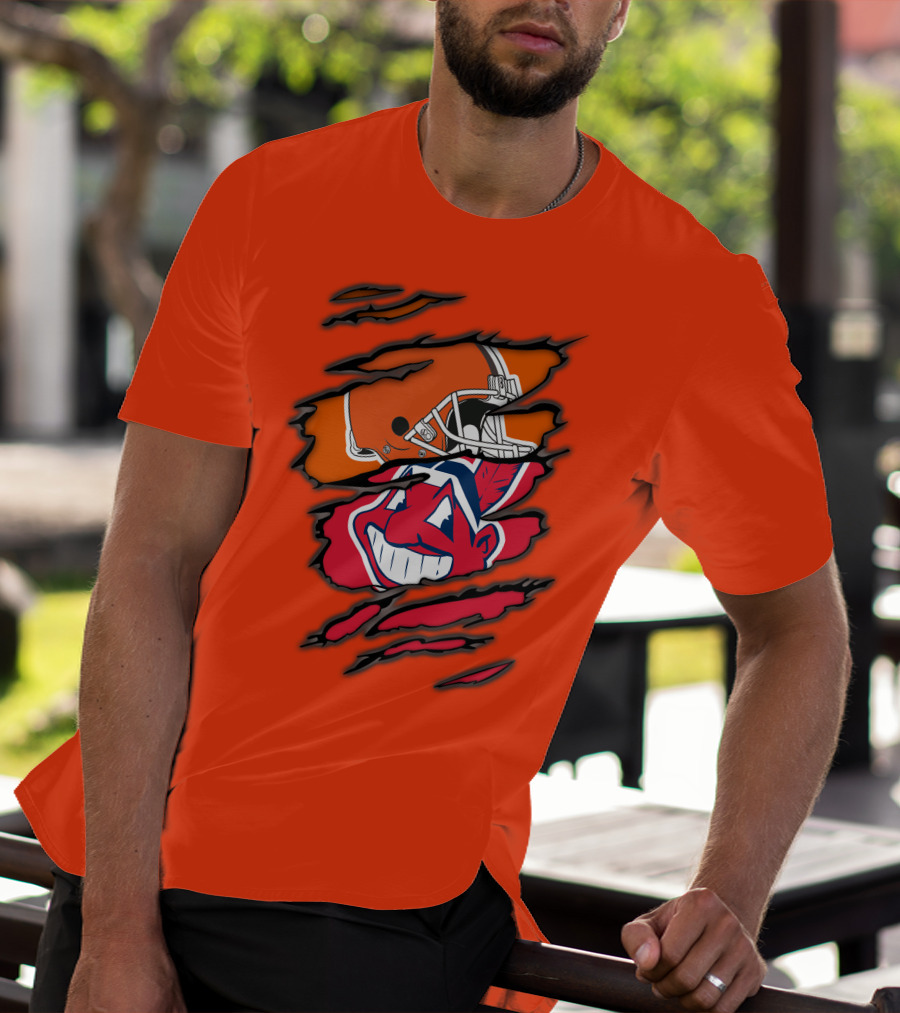 Cleveland Browns Helmet Retro Indians Chief Wahoo Claw Marks Logo Combination T-Shirt