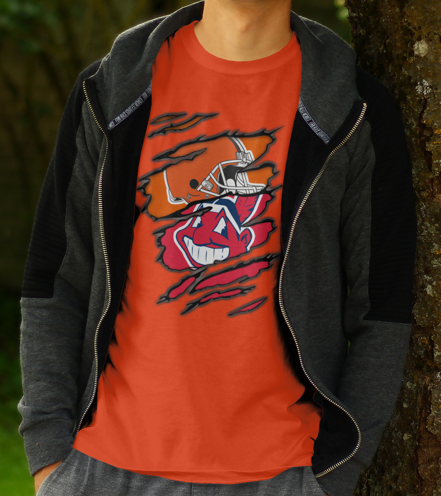 Cleveland Browns Helmet Retro Indians Chief Wahoo Claw Marks Logo Combination T-Shirt