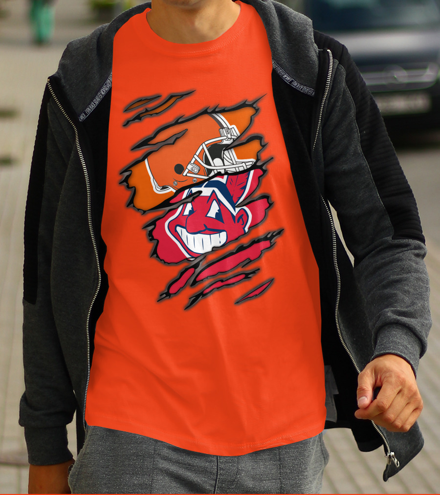 Cleveland Browns Helmet Retro Indians Chief Wahoo Claw Marks Logo Combination T-Shirt