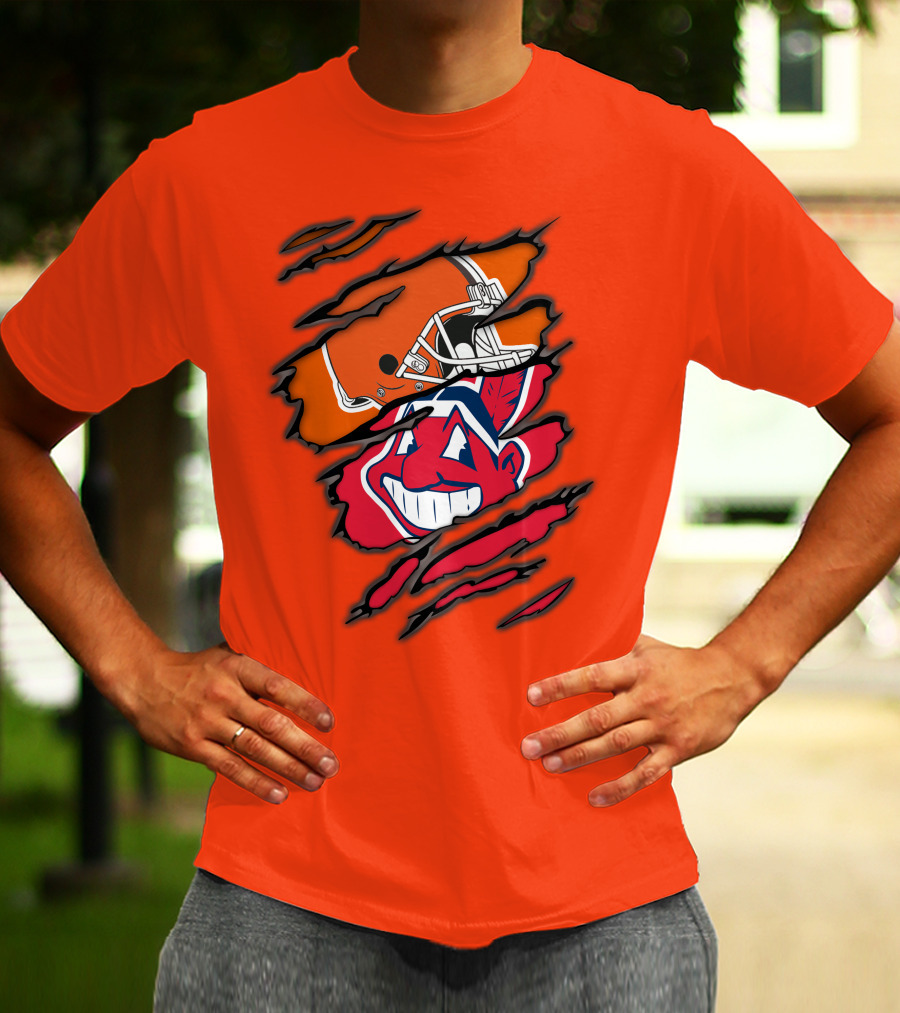 Cleveland Browns Helmet Retro Indians Chief Wahoo Claw Marks Logo Combination T-Shirt