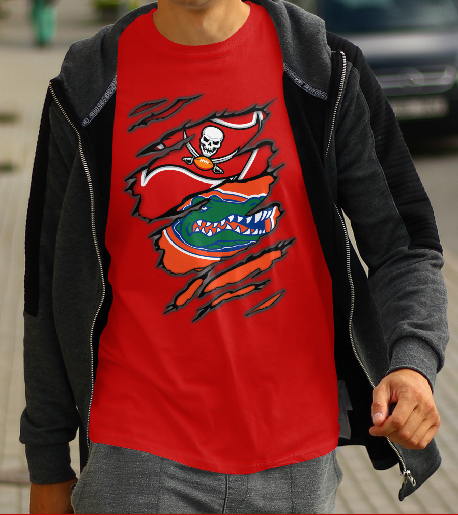 Buccaneers Gators Skull Football And Alligator Dual Logo Burst T-Shirt