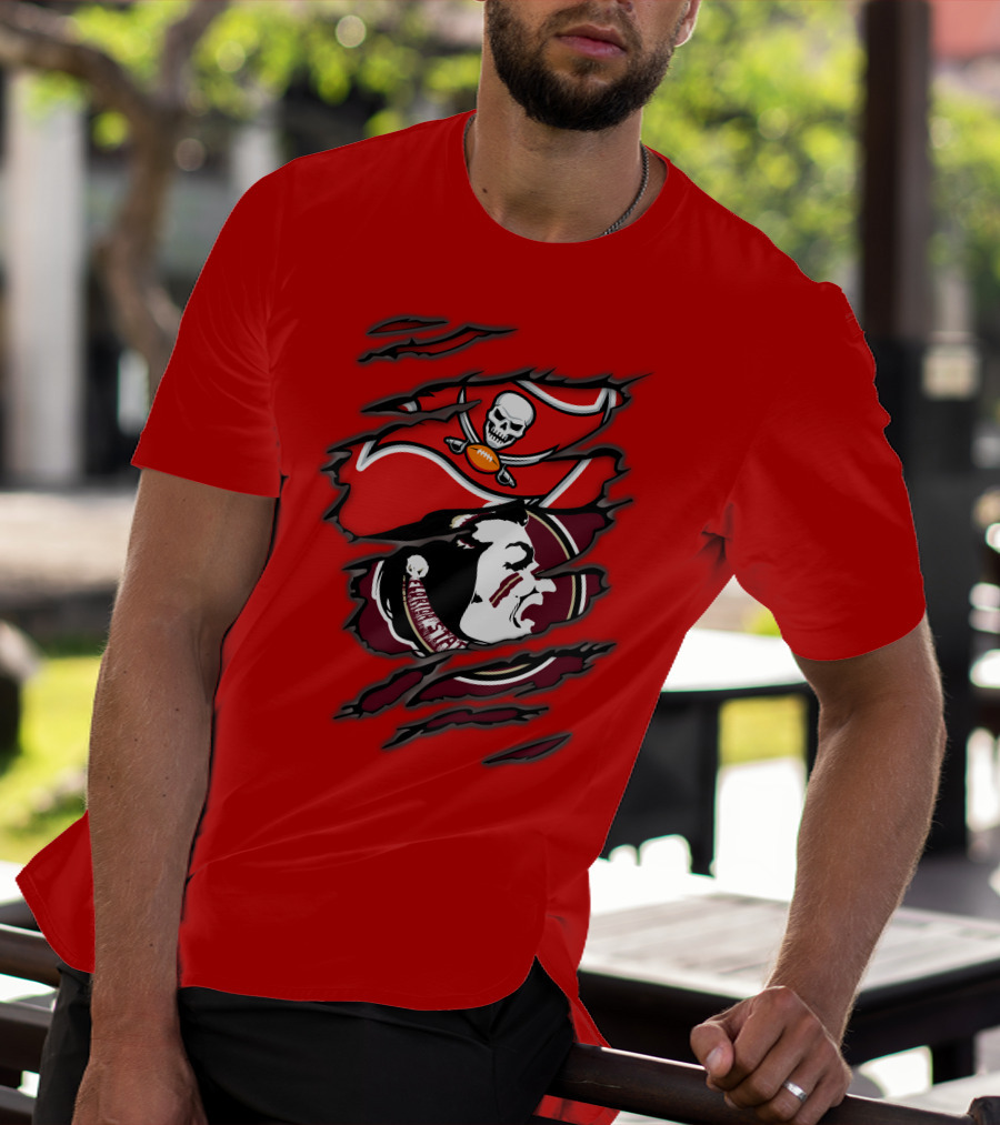 Buccaneers Seminoles Skull And Tomahawk Football Fusion T-Shirt