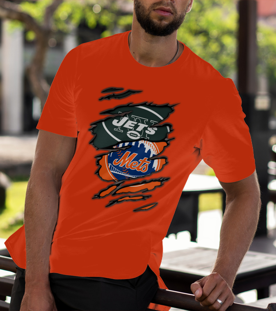 Jets Mets Nfl Mlb Ripped Logo Fusion T-Shirt