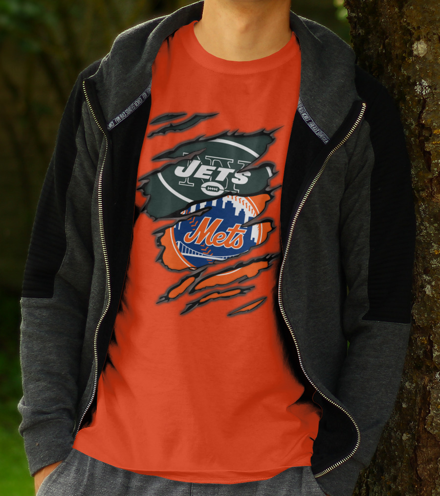 Jets Mets Nfl Mlb Ripped Logo Fusion T-Shirt