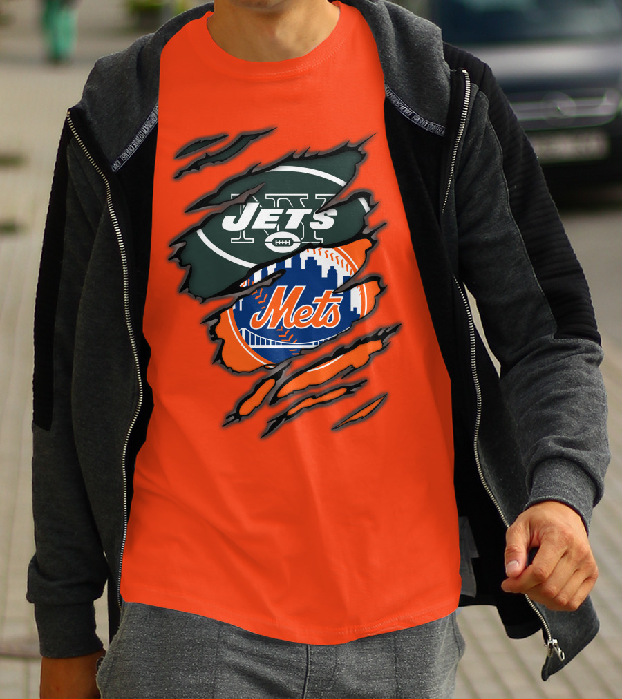 Jets Mets Nfl Mlb Ripped Logo Fusion T-Shirt