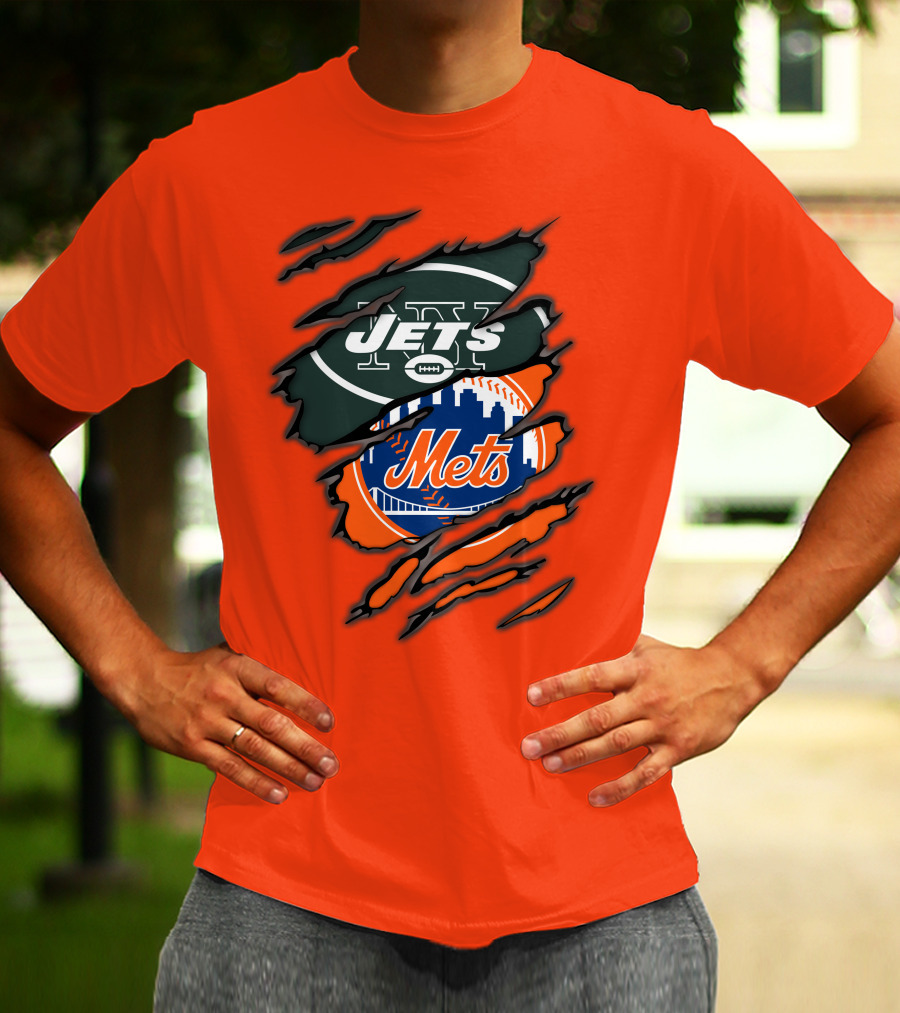 Jets Mets Nfl Mlb Ripped Logo Fusion T-Shirt