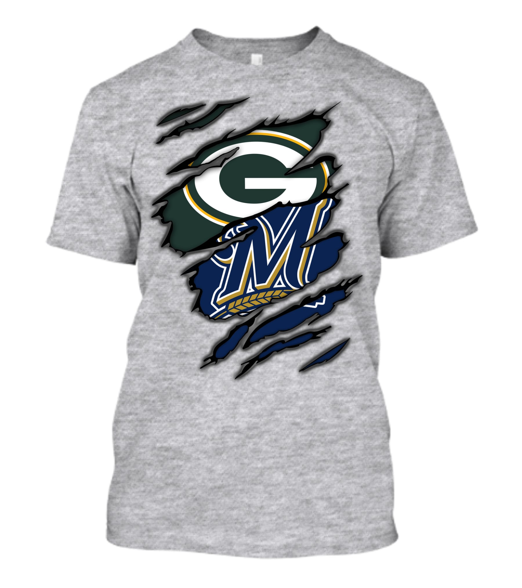 Green Bay Packers Milwaukee Brewers Logos Torn Claw Marks T-Shirt