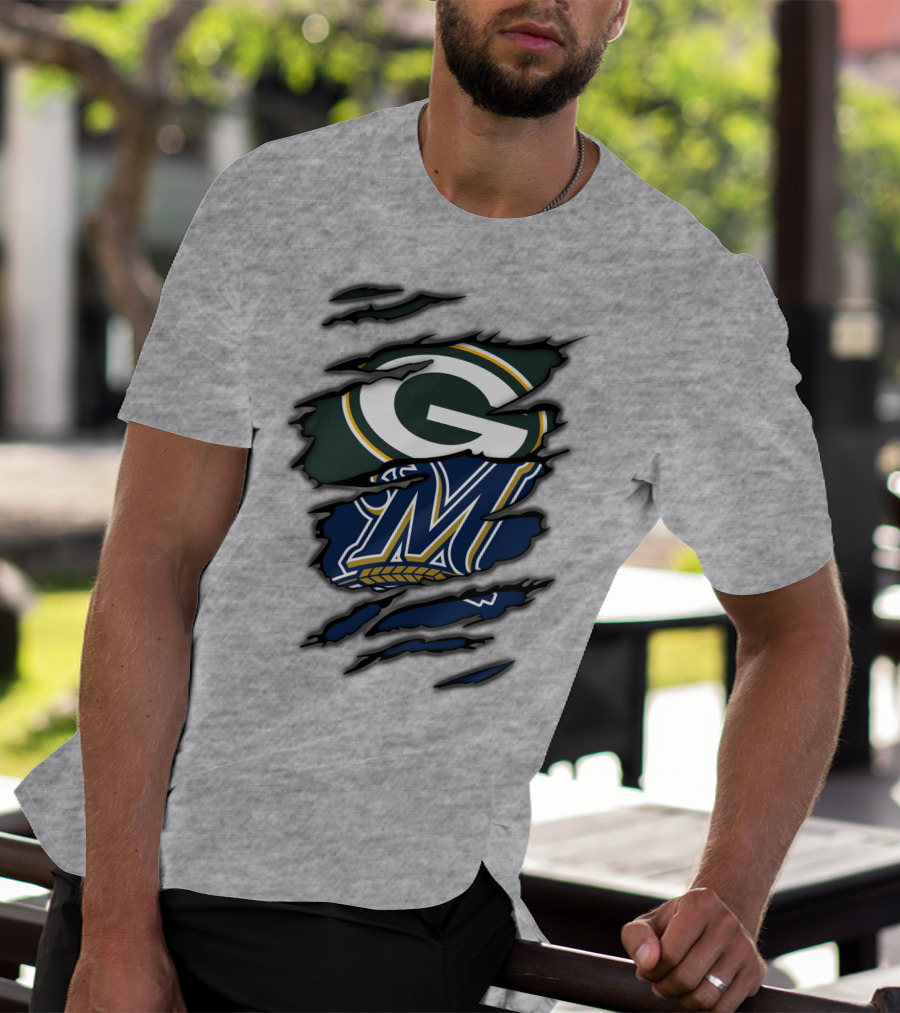 Green Bay Packers Milwaukee Brewers Logos Torn Claw Marks T-Shirt