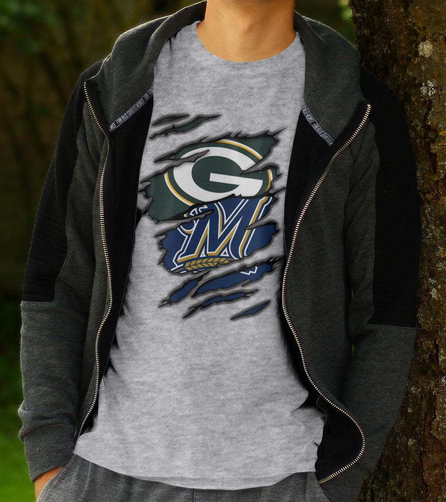 Green Bay Packers Milwaukee Brewers Logos Torn Claw Marks T-Shirt