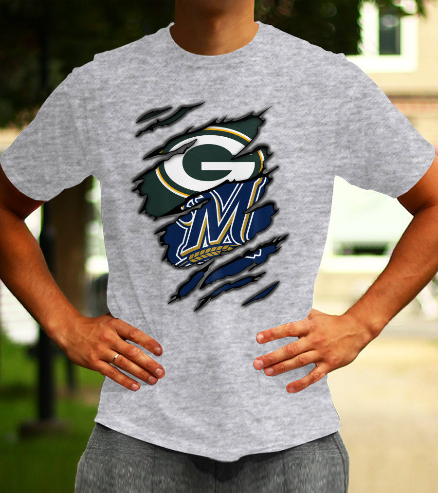 Green Bay Packers Milwaukee Brewers Logos Torn Claw Marks T-Shirt