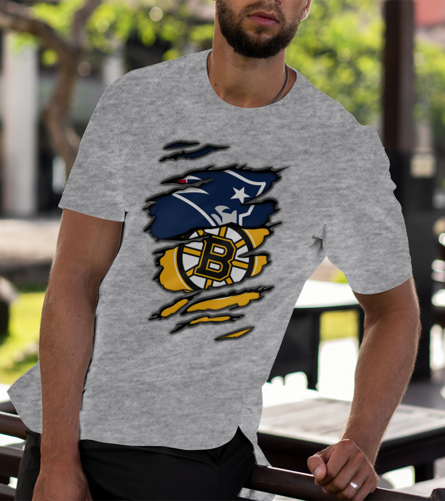 Patriots Bruins New England Football Boston Hockey Fan Collaboration T-Shirt