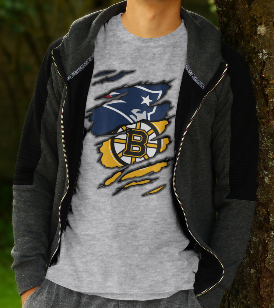 Patriots Bruins New England Football Boston Hockey Fan Collaboration T-Shirt