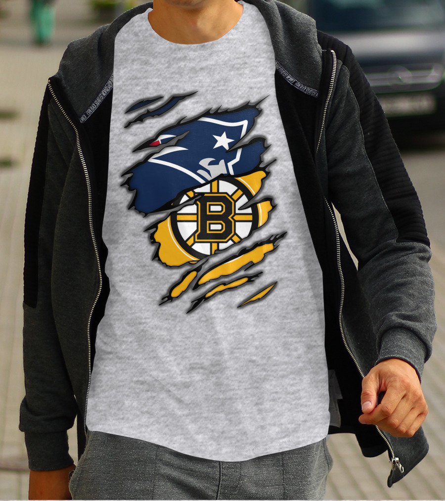 Patriots Bruins New England Football Boston Hockey Fan Collaboration T-Shirt