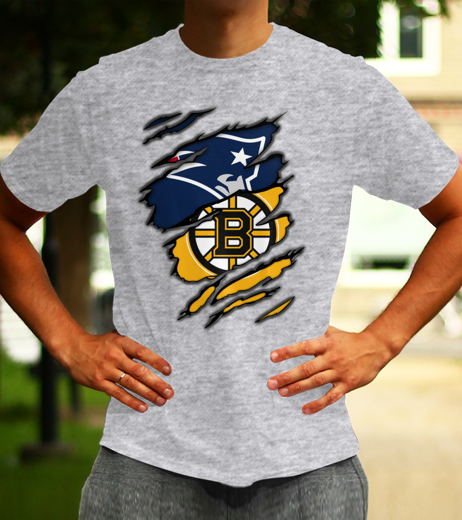 Patriots Bruins New England Football Boston Hockey Fan Collaboration T-Shirt