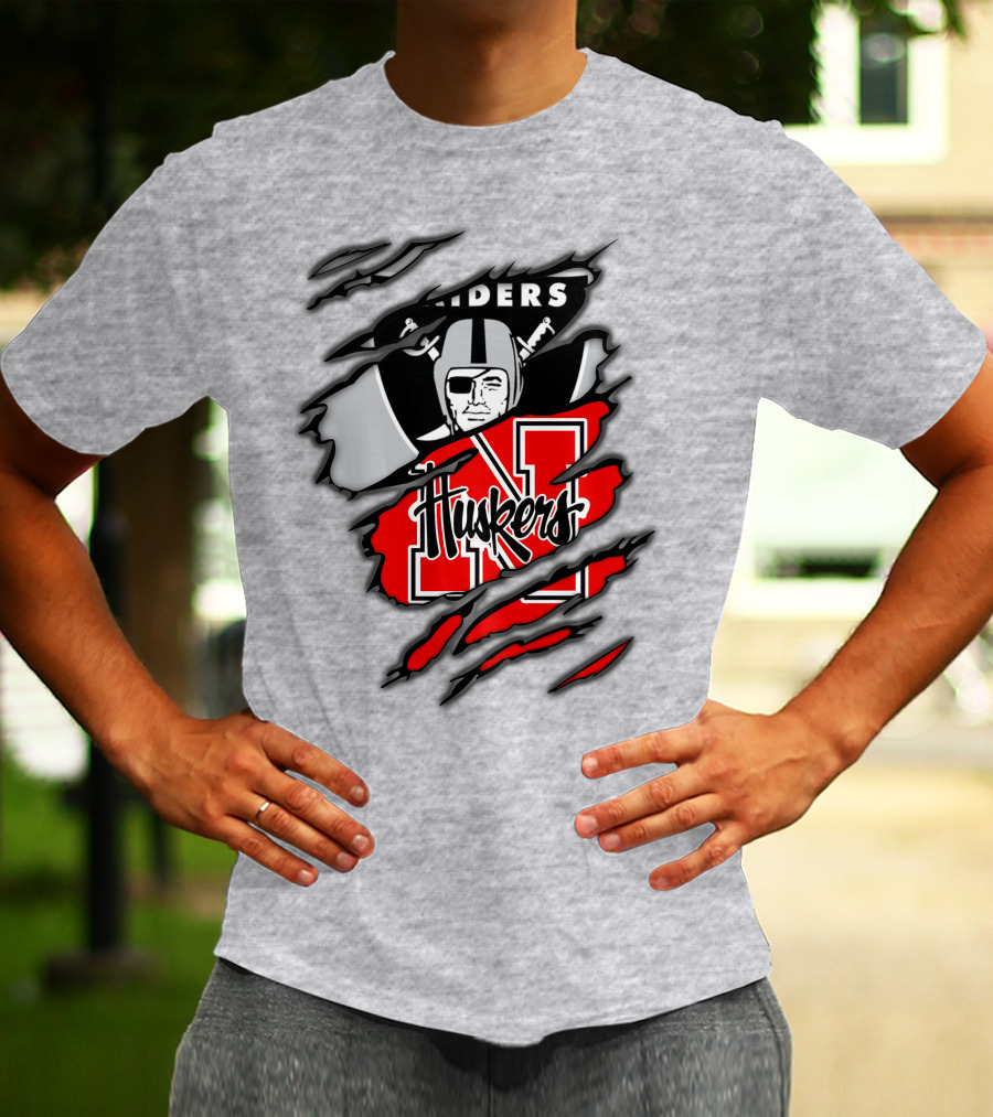 Raiders Huskers Torn Design With Icons And Symbols T-Shirt