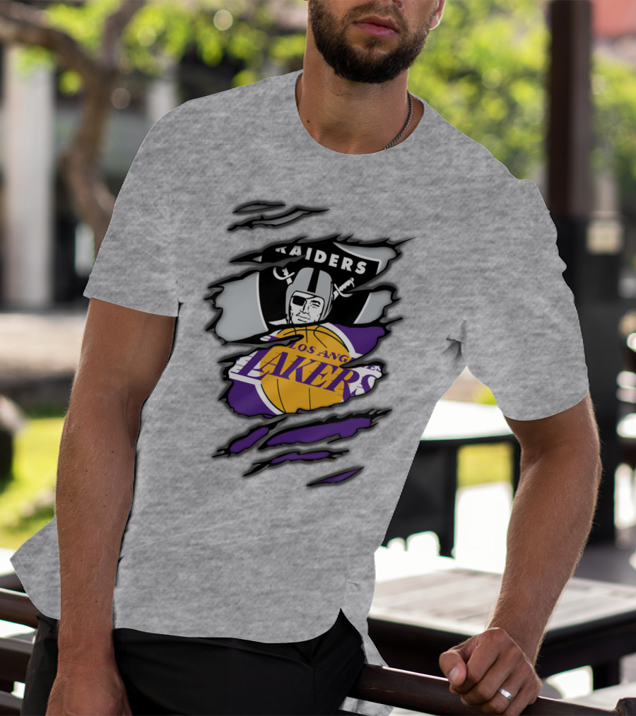 Raiders Los Angeles Lakers Basketball Football Fan Mashup T-Shirt