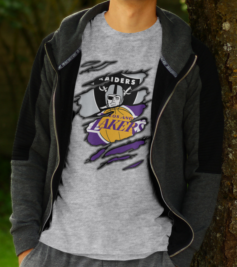 Raiders Los Angeles Lakers Basketball Football Fan Mashup T-Shirt