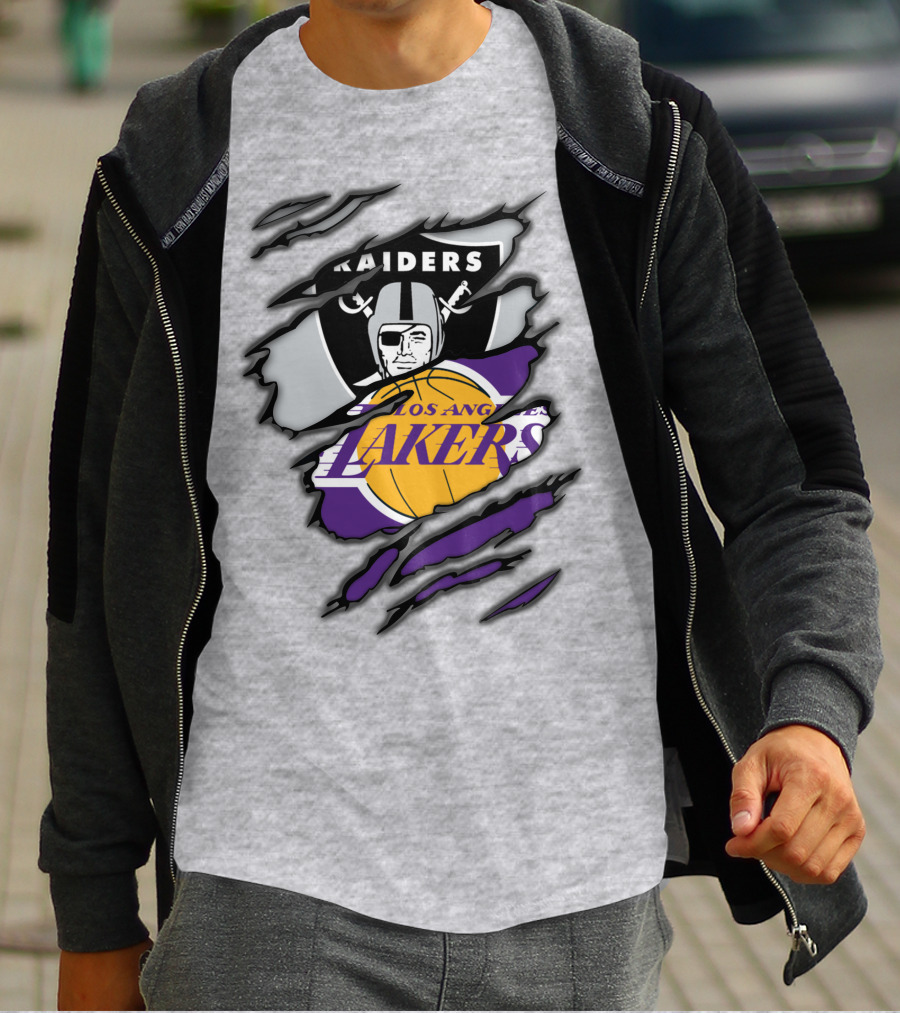 Raiders Los Angeles Lakers Basketball Football Fan Mashup T-Shirt