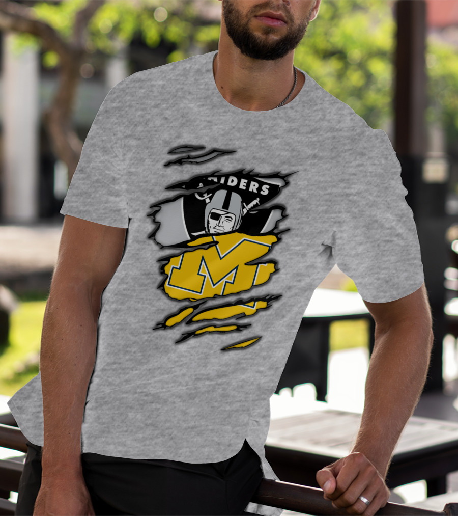 Raiders Logo With Michigan Block M Torn Overlay T-Shirt