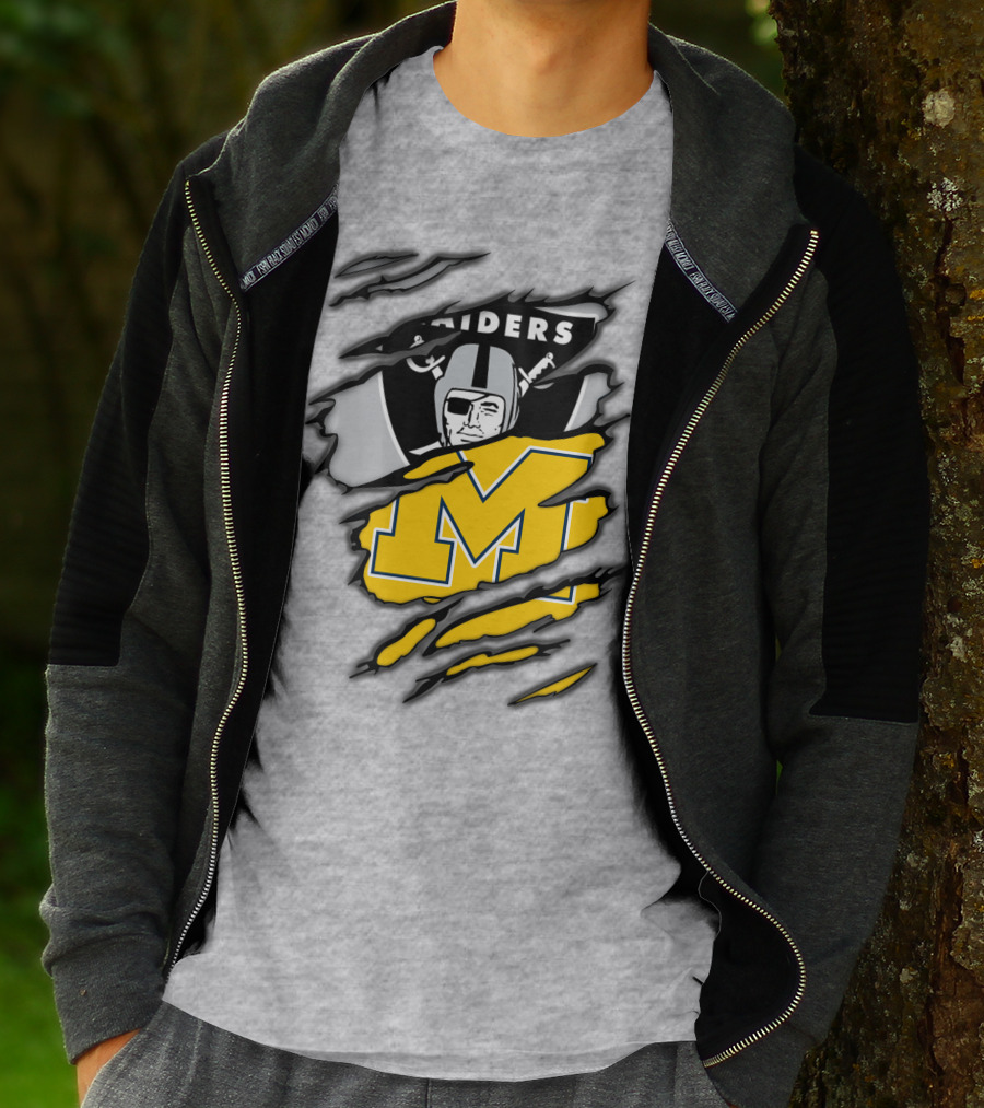 Raiders Logo With Michigan Block M Torn Overlay T-Shirt