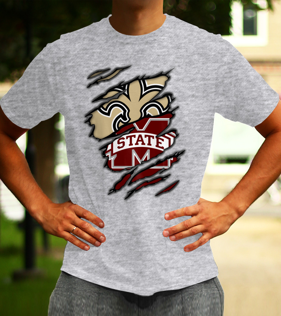 Saints Mississippi State Bulldogs Fleur-de-Lis Logo Combo T-Shirt