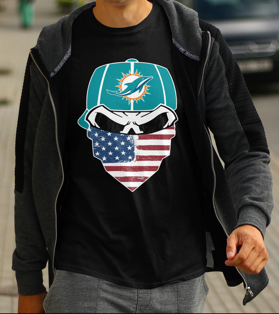 Miami Dolphins Skull American Flag Bandana T-Shirt