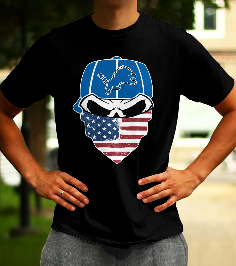 Detroit Lions Skull Bandana American Flag T-Shirt