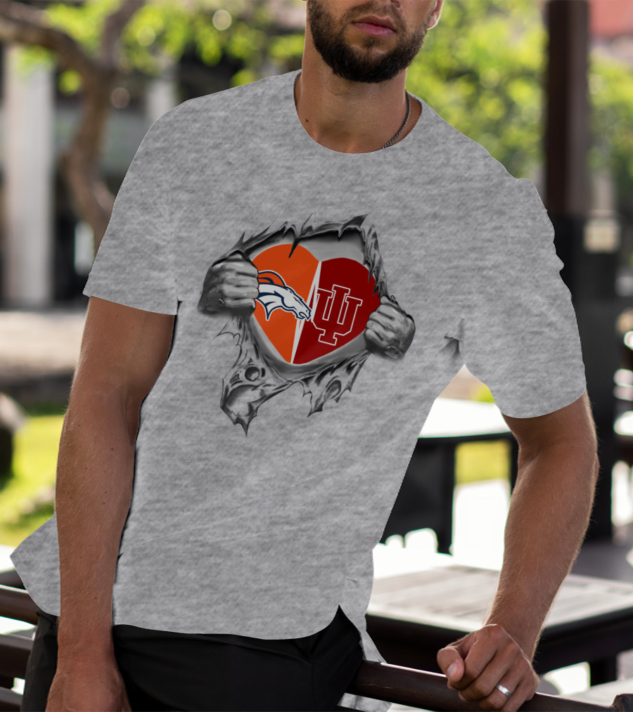 Denver Broncos Indiana Hoosiers Heart Symbol With Team Logos T-Shirt