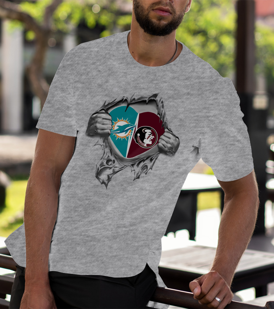 Dolphins Fsu Seminoles Heart Logos Torn Fabric T-Shirt