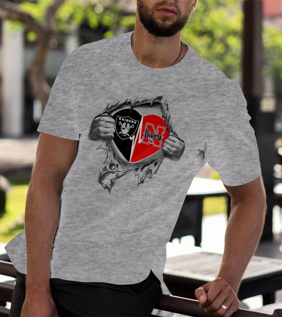 Raiders Huskers Heart Design With Torn Fabric T-Shirt