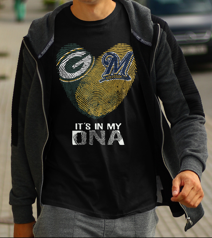 Packers Brewers It's In My Dna Heart Logo Fingerprint T-Shirt