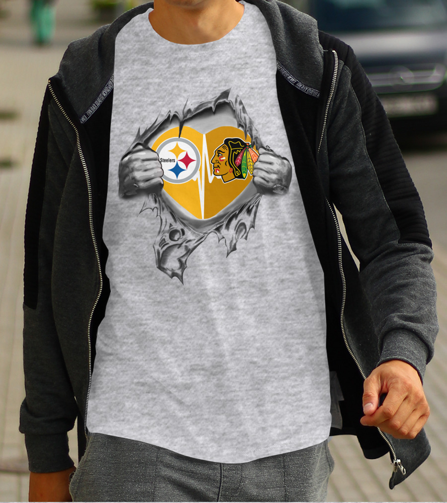 Steelers Blackhawks Heart Logos Torn T-Shirt